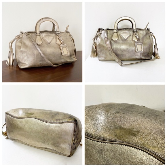 Prada distressed metallic gold nappa leather satchel bag triangle logo - Picture 2 of 11